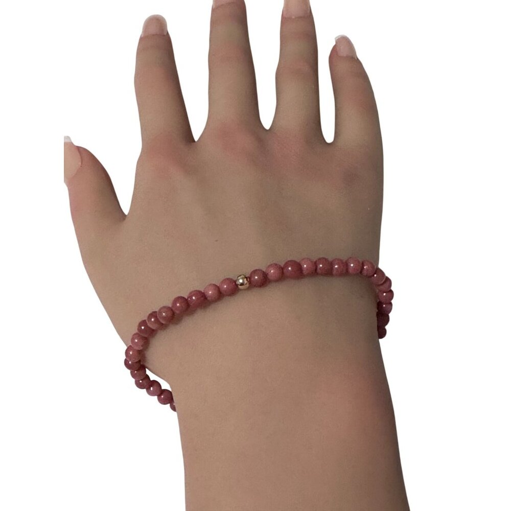 Rhodonite Gemstone Beaded Stretch Bracelet 14K Gold Accent Bead Handmade - Picture 6 of 8